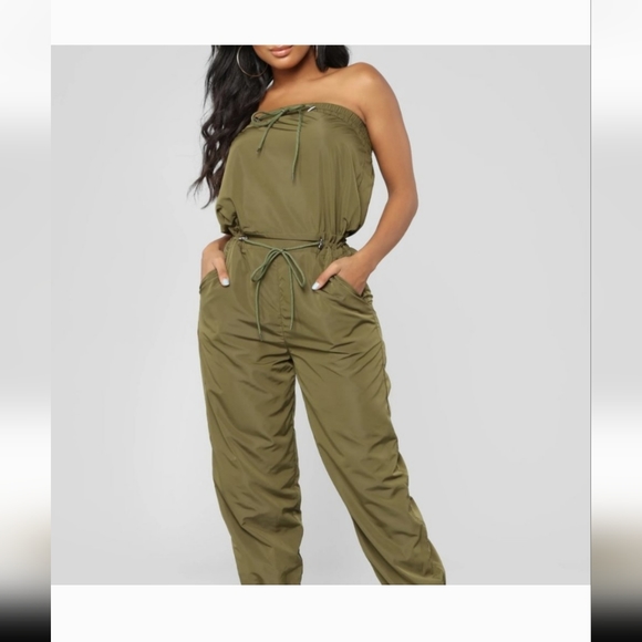 Olive Green Strapless Jumpsuit - Picture 1 of 12